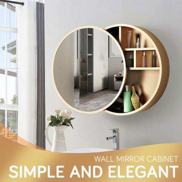 Bathroom Mirrored Cabinet Medicine Vanity Round Wall Mirror Cupboard With Storage Sliding Door Gold 60cm Diameter