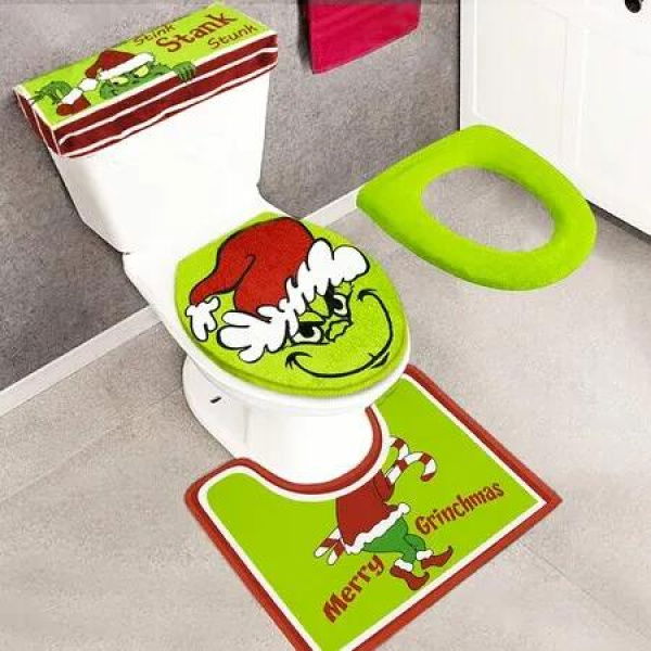 Bathroom Set Christmas Grinch Decor Toilet Seat Cover Rug 4 Piece Indoor Home Festive Xmas Ornaments