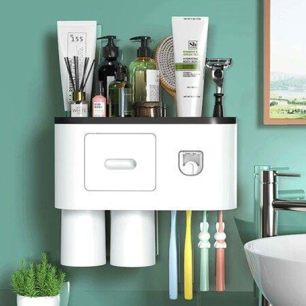 Bathroom Toothbrush Holder Wall Mounted Automatic Toothpaste Dispenser - Electric Toothbrush Holder With Toothpaste Squeezer Magnetic Cup Storage Drawer And 4 Toothbrush Organizer Slots (Black 2 Cups)