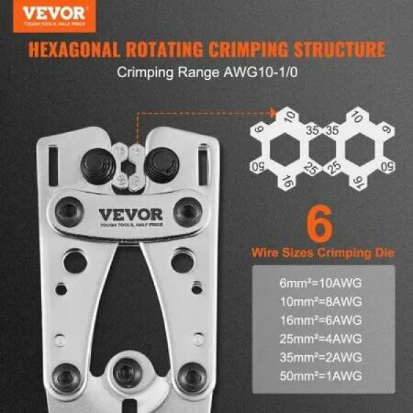 Battery Cable Lug Crimping Tool 10-1/0AWG Aluminum Terminal Battery Lug Crimper with 60PCS Aluminum Ring Connectors Terminals 6 Wire Sizes Crimping Die