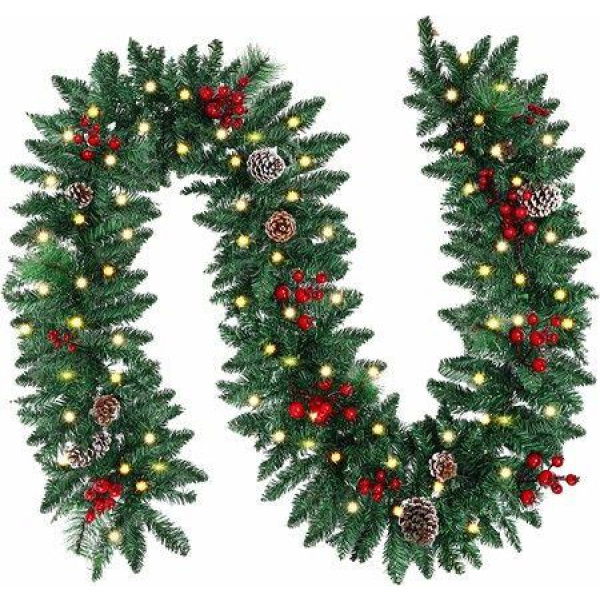 Battery-Operated 2.7m Christmas Garland with Pine Cones and Berries for Holiday Party Xmas Decor