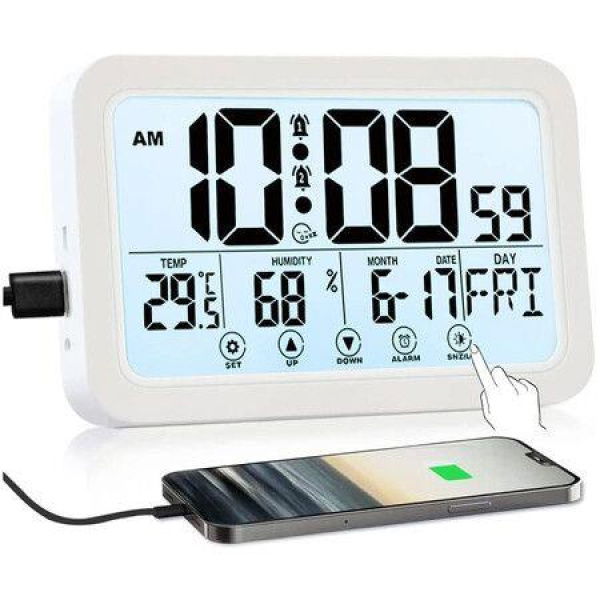 Battery Operated Digital Wall Clock Desk Clock with Backlight Temperature Humidity White