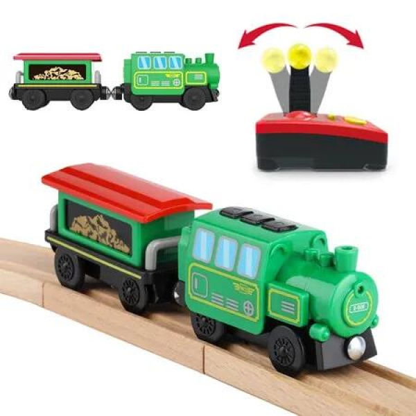 Battery Operated Locomotive Train Set for Wooden Train Tracks, Electric Remote Control Cars with Light and Sound