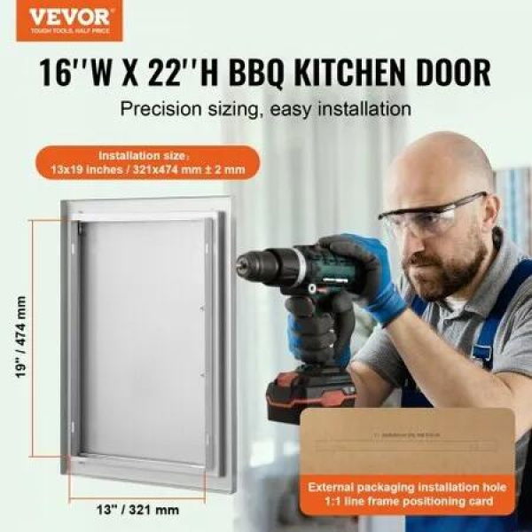 BBQ Access Door 407x559 mm Single Outdoor Kitchen Door Stainless Steel Flush Mount Door Wall Vertical Door with Handle for BBQ Island Grilling