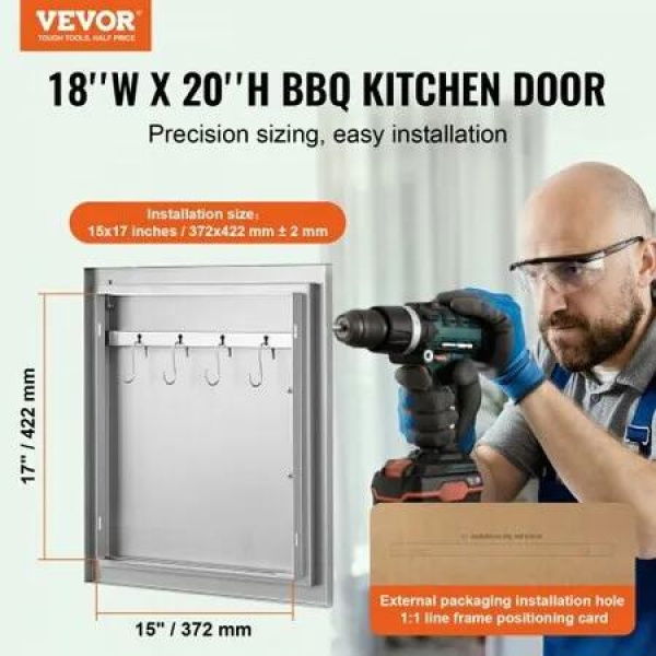 BBQ Access Door 457x508 mm Single Outdoor Kitchen Door Stainless Steel Flush Mount Door Wall Vertical Door with Handle and Hook for BBQ Island Grilling