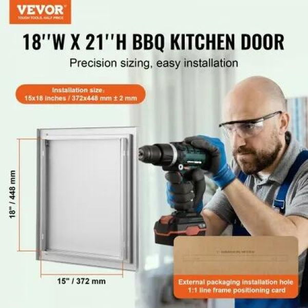 BBQ Access Door 457x533 mm Single Outdoor Kitchen Door Stainless Steel Flush Mount Door Wall Vertical Door with Recessed Handle for BBQ Island Grilling