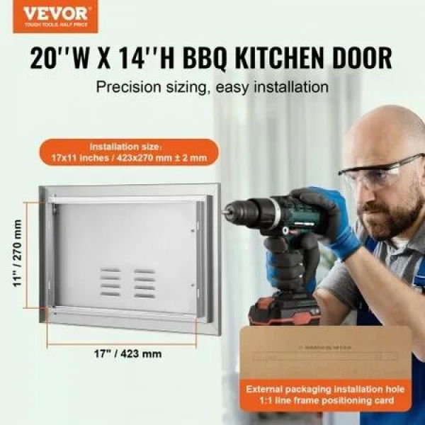 BBQ Access Door 508x356 mm Single Outdoor Kitchen Door Stainless Steel Flush Mount Door Wall Vertical Door with Handle and vents for BBQ Island Grilling