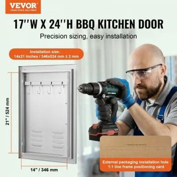 BBQ Access Door 610x431 mm Single Outdoor Kitchen Door Stainless Steel Flush Mount Door Wall Vertical Door w/ Handle Vents and Hook for BBQ Island Grilling