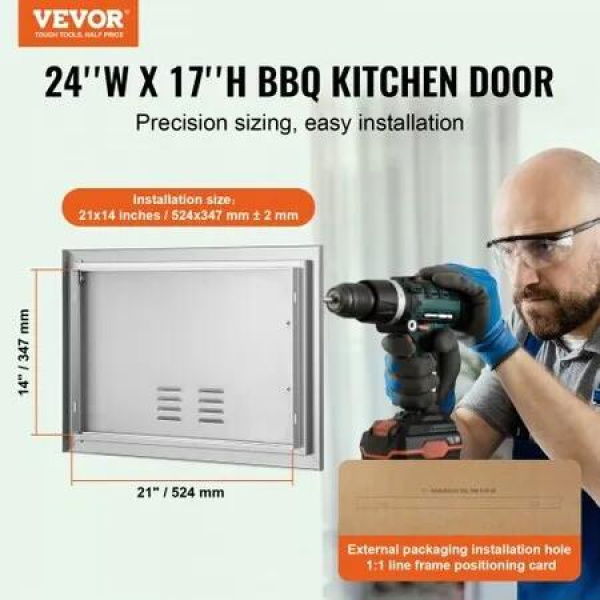 BBQ Access Door 610x432 mm Single Outdoor Kitchen Door Stainless Steel Flush Mount Door Wall Vertical Door with Handle and vents for BBQ Island Grilling