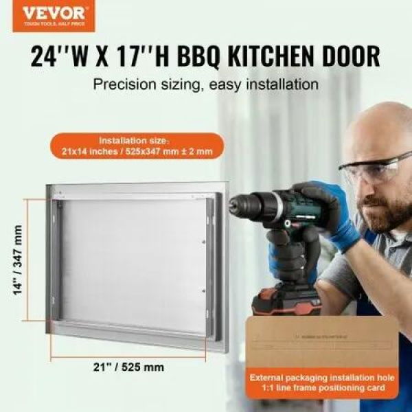 BBQ Access Door 610x432 mm Single Outdoor Kitchen Door Stainless Steel Flush Mount Door Wall Vertical Door with Handle for BBQ Island Grilling Station