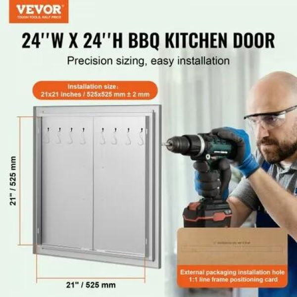 BBQ Access Door 610x610 mm Double Outdoor Kitchen Door Stainless Steel Flush Mount Door Double Wall Vertical Door with Handles and Hooks