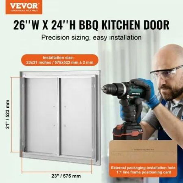 BBQ Access Door 660x609 mm Double Outdoor Kitchen Door Stainless Steel Flush Mount Door Wall Vertical Door with Handles for BBQ Island Grilling