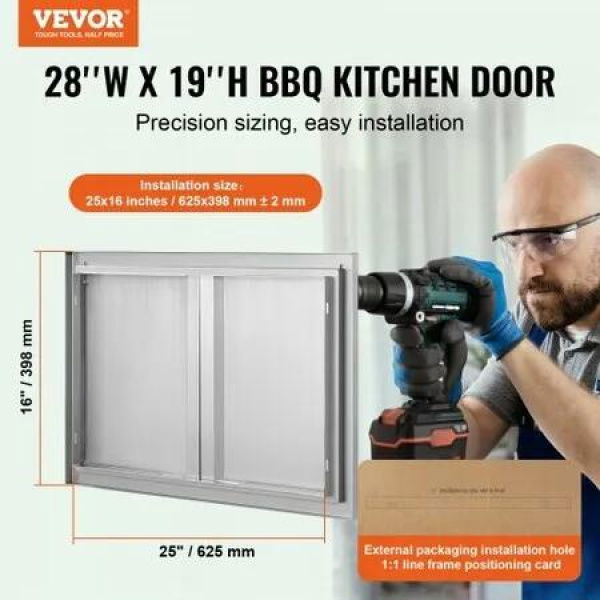 BBQ Access Door 710x482 mm Double Outdoor Kitchen Door Stainless Steel Flush Mount Door Wall Vertical Door with Recessed Handles for BBQ Island Grilling