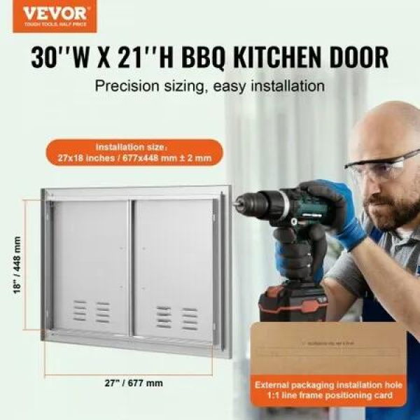 BBQ Access Door 762x533 mm Double Outdoor Kitchen Door Stainless Steel Flush Mount Door Wall Vertical Door with Handles and Vents for BBQ Island Grilling