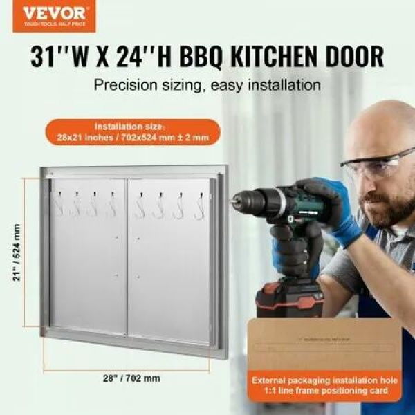 BBQ Access Door 787x609 mm Double Outdoor Kitchen Door Stainless Steel Flush Mount Door Double Wall Vertical Door with Handles and Hooks for BBQ Island