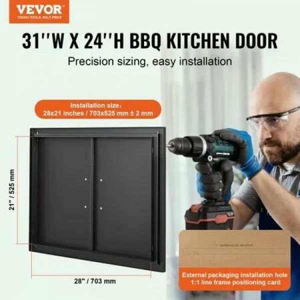 BBQ Access Door 788x610 mm Double Outdoor Kitchen Door Cold Plate Flush Mount Door Wall Vertical Door with Handles for BBQ Island Grilling