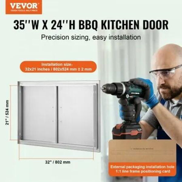 BBQ Access Door 889x610 mm Double Outdoor Kitchen Door Stainless Steel Flush Mount Door Wall Vertical Door with Handles for BBQ Island Grilling