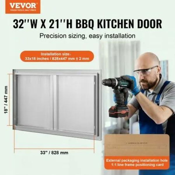 BBQ Access Door 914x534 mm Double Outdoor Kitchen Door Stainless Steel Flush Mount Door Wall Vertical Door with Recessed Handles for BBQ Island Grilling