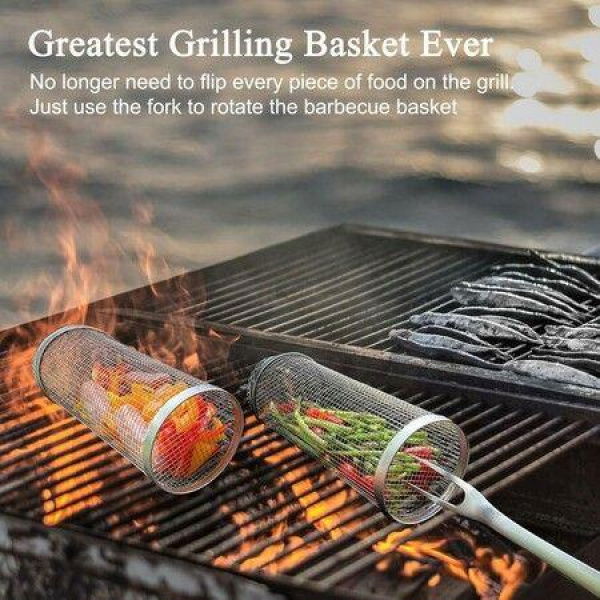 BBQ Rolling Grill Basket Portable Stainless Steel BBQ Accessories Outdoor Round Barbecue Grill Grate BBQ Tools Camping Picnic Cookware Perfect For Grilling