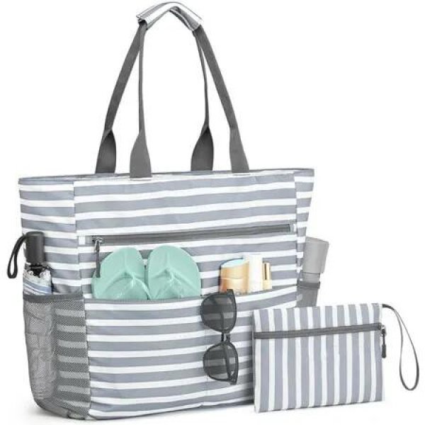 Beach Bag, Waterproof Sandproof Beach Tote Bag, Large Capacity Foldable Beach Bags for Women, Grey