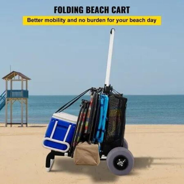 Beach Carts for Sand, with 10' PVC Balloon Wheels, 15' x 15' Cargo Deck, 74.84KGS Loading Capacity Folding Sand Cart & 31.1' to 49.6' Adjustable Height, Aluminum Cart for Picnic, Fishing