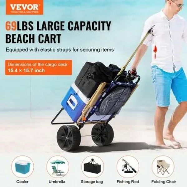 Beach Dolly with Big Wheels for Sand, 15.4' x 15.7' Cargo Deck, w/ 10' PE Solid Wheels, 69LBS Loading Capacity Folding Sand Cart, Heavy Duty Cart for Picnic, Camping, Fishing, Beach, Gardening