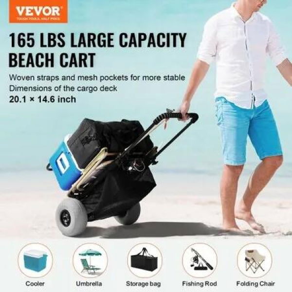 Beach Dolly with Big Wheels for Sand, 20.1' x 14.6' Cargo Deck, w/ 9' Balloon Wheels, 165LBS Loading Capacity Folding Sand Cart & 27.2' to 44.9' Adjustable Height, Heavy Duty Cart for Beach