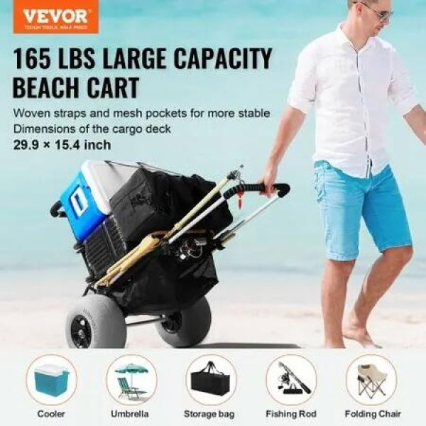 Beach Dolly with Big Wheels for Sand, 29.9' x 15.4' Cargo Deck, w/ 12' Balloon Wheels, 165LBS Loading Capacity Folding Sand Cart & 27' to 44.7' Adjustable Height, Heavy Duty Cart for Beach