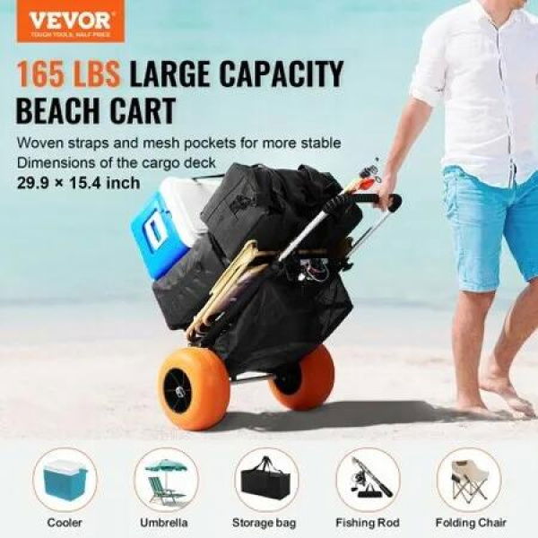 Beach Dolly with Big Wheels for Sand, 29.9' x 15.4' Cargo Deck, w/ 12' Foam Wheels, 165LBS Loading Capacity Folding Sand Cart & 27' to 44.7' Adjustable Height, Heavy Duty Cart for Beach