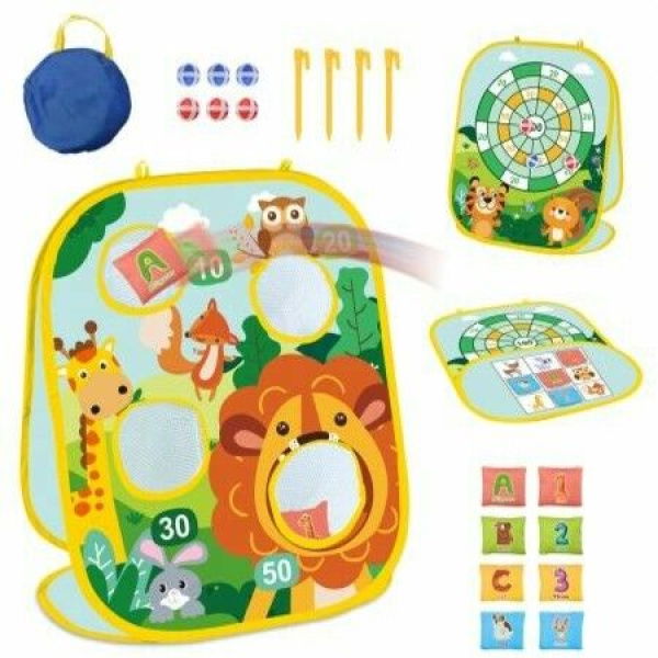 Bean Bag Toss Game For Kids - 3 In 1 Cornhole Game Set For Toddlers - Collapsible Cornhole & Dartboard For Kids - Zoo Theme