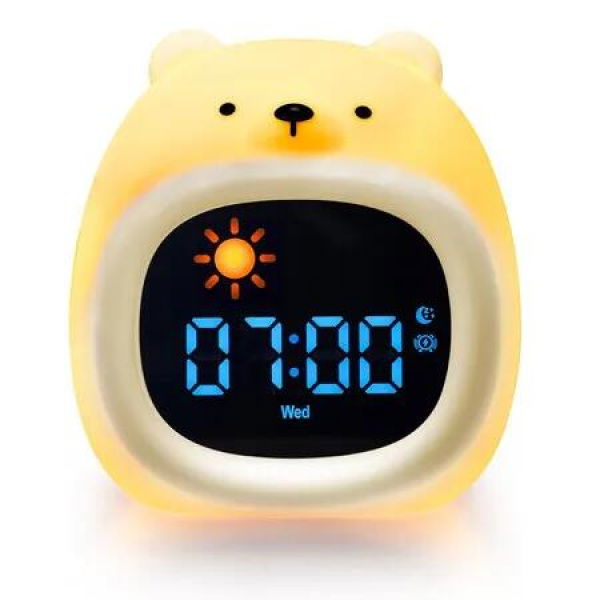 Bear Alarm Clock Cute Touch Night Light 9 Colors & 6 White Noise Sounds Ok to Wake with Child Lock Sleep Training & Time Learning