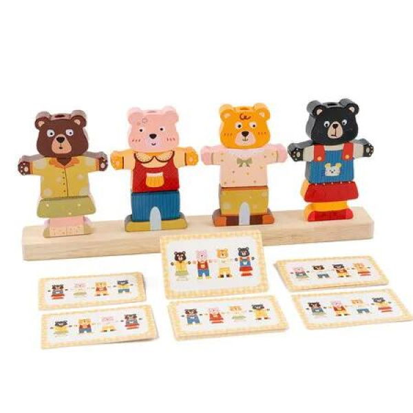 Bear Changing Clothes Stacking Bead Toy Childrens Wooden Early Education Toy Dress The Bear or Copy Pattern Cards