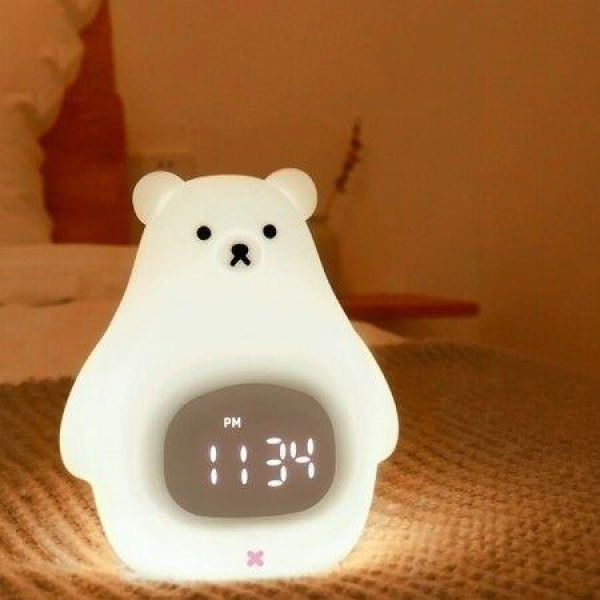 Bear Night Light Alarm Clock Soft Silicone Portable Nursery Lamp Children USB Rechargeable Nightlight For Kids Toddler Gifts Bedroom Room Decor