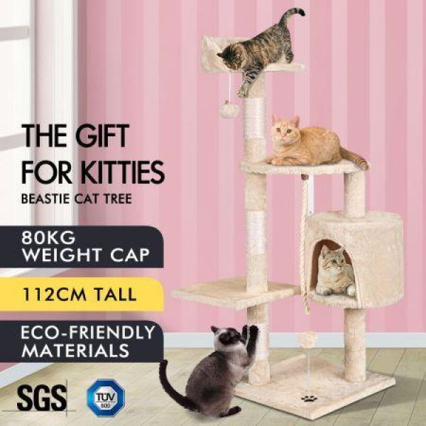 BEASTIE Cat Tree Scratching Post Scratcher Tower Condo House Furniture 112CM Beige