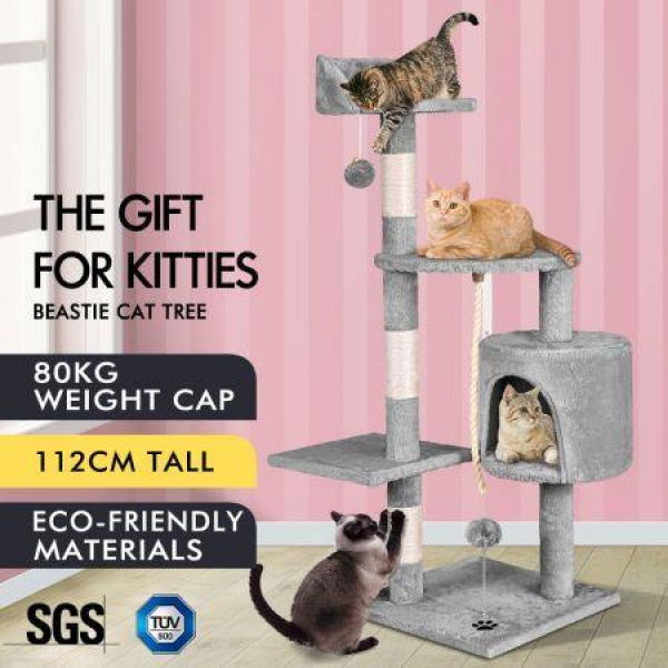 BEASTIE Cat Tree Scratching Post Scratcher Tower Condo House Furniture 112CM Grey