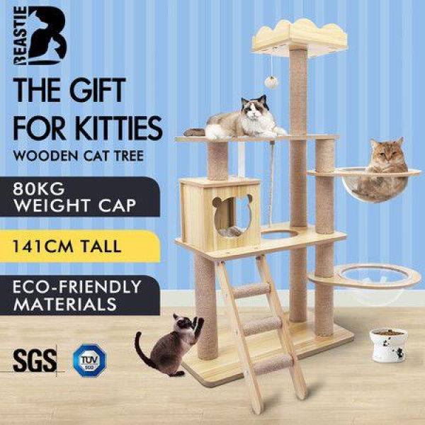 BEASTIE Cat Tree Tower Scratching Post Wood Scratcher Condo House Bed 141cm