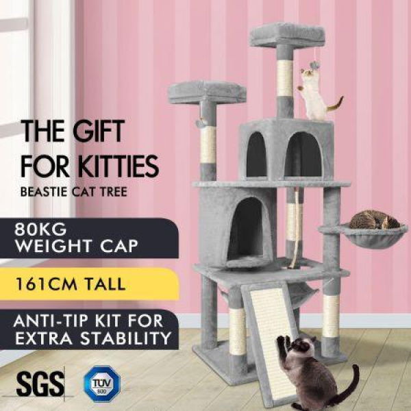 BEASTIE Cat Tree With Hammock Scratching Post Light Grey 161cm