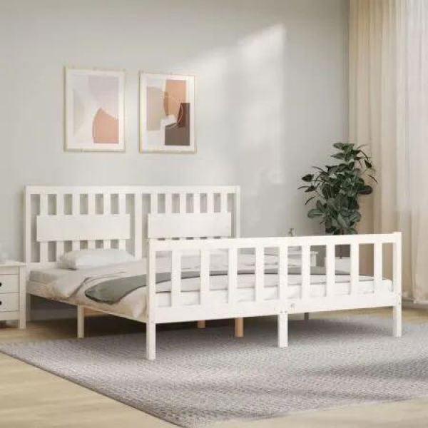 Bed Frame with Headboard White 183x203 cm King Solid Wood