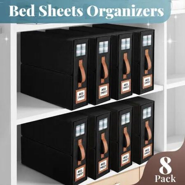 Bed Sheet Organiser Set 8 Pcs Foldable Bedding Blanket Fabric Storage Bin Box Container Clothes Duvet Cover Linen Closet Wardrobe Folder Handle Window