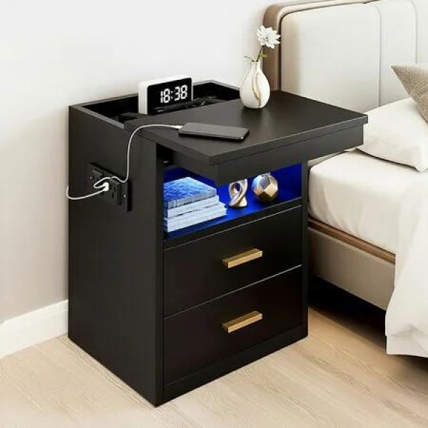Bed Side Table LED Nightstand Lamp Stand End Cabinet Lockable Drawer Storage Shelf Coffee Laptop Desk Bedroom Wooden Furniture USB Charging Station