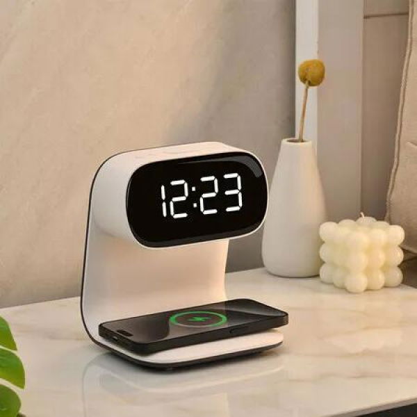 Bedside Lamp with Clock,Touch Lamp with Alarm Clock with 10W Wireless Charging,LED Desk Lamp Dimmable Nightstand for Bedroom Home And Office