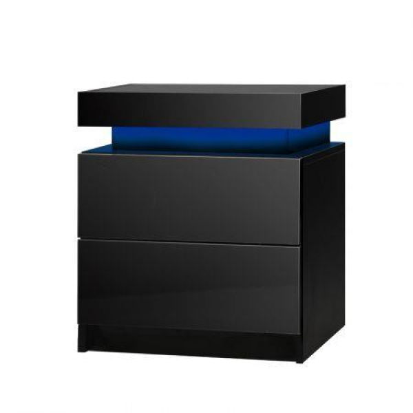 Bedside Tables 2 Drawers Side Table RGB LED High Gloss Nightstand Cabinet