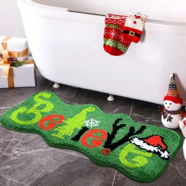 Believe Christmas Runner Rug Lime Green Red Bathroom Rug Indoor Christmas Decorations Washable Xmas Bath Mat for Bathroom Bedroom-60*90cm