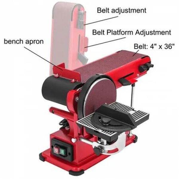 Belt Sander 4' x 36', Disc Combo Sander 6',Electric Adjustable Bench Belt Sander 375W,Grinder Bench Sanding Machine With 4 Rubber Foot Pad