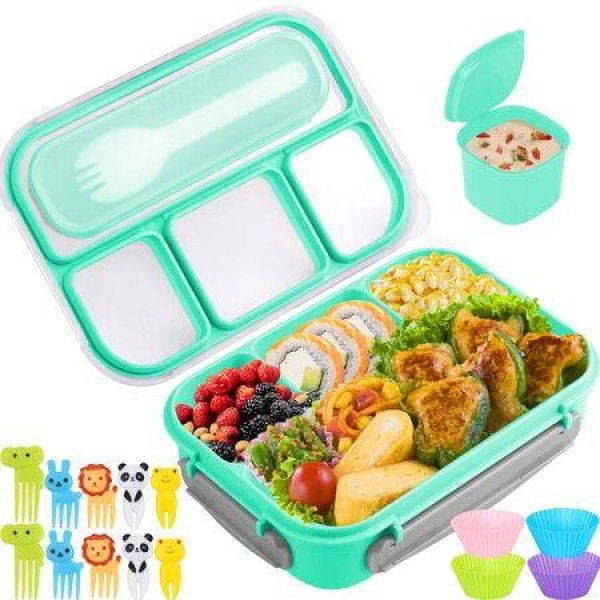 Bento Box For Kids Lunch Box 4 Compartments (with Mini-Containers Fruit Picks Silicone Muffin Cup) Adult Leakproof Bento Lunch Box For School (Green)