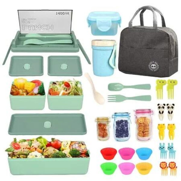 Bento Box Lunch 32PCS Kids Children Lunch Bag Snack Bag Stackable Bento Boxes Kit Microwave Safe Leak Proof Removable Compartments Christmas Gift COL Green