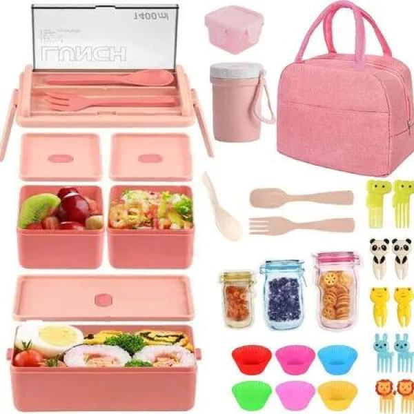 Bento Box Lunch 32PCS Kids Children Lunch Bag Snack Bag Stackable Bento Boxes Kit Microwave Safe Leak Proof Removable Compartments Christmas Gift COL Pink