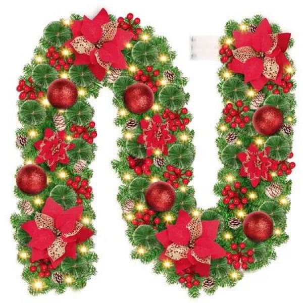 Berry Christmas Garland, 2.7M Artificial Poinsettia Garland with Red Berries and FLowers Pine Cone Garland for Christmas Holiday Party Decorations