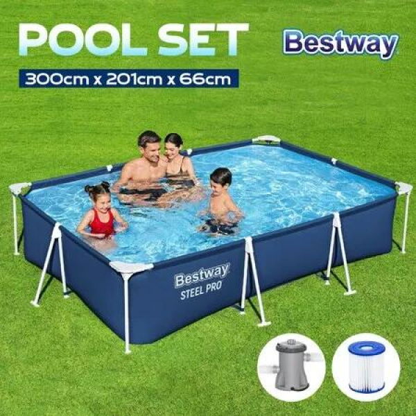Bestway Above Ground Swimming Pool Rectangle Steel Pro Frame Outdoor Backyard Family Fun Swim Pools Set 3mx2.01mx66cm Cartridge Water Filter Pump 3300L
