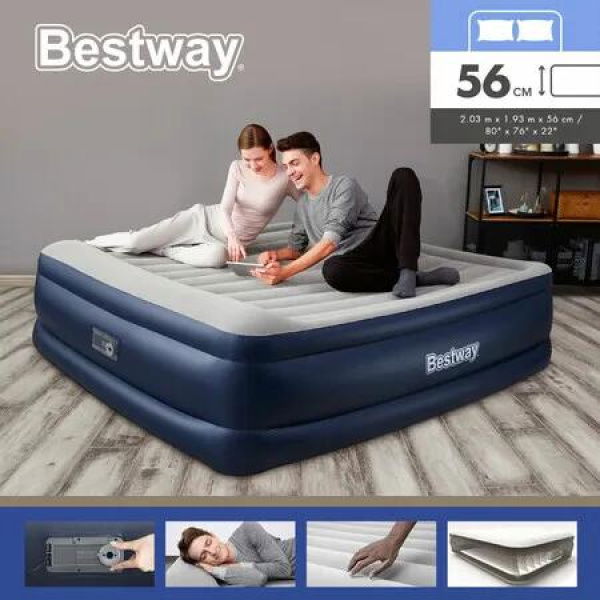 Bestway Air Mattress King Size Bed Tritech Airbed Blow Up Inflatable Camping 203x193x56cm with Built-in Electric Pump Storage Bag Bedroom